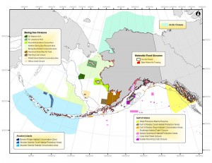 Many areas in the Alaska region have been closed to certain gear types, or closed to fishing entirely, to protect sensitive habitats. Map courtesy of the North Pacific Fishery Management Council.